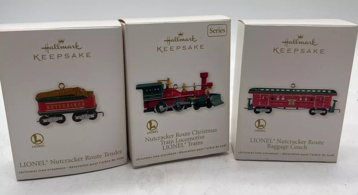 2012 Hallmark NUTCRACKER ROUTE CHRISTMAS TRAIN Set of 3 Ornament LIONEL Locomotive, Tender, Baggage Coach Like New