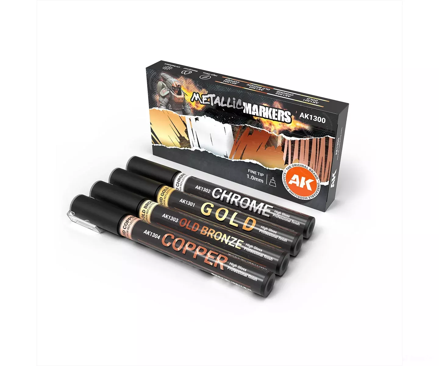 AK Interactive AK1300 Metallic Liquid Paint Markers 1mm tip (Gold, Chrome,Old Bronze, Copper)