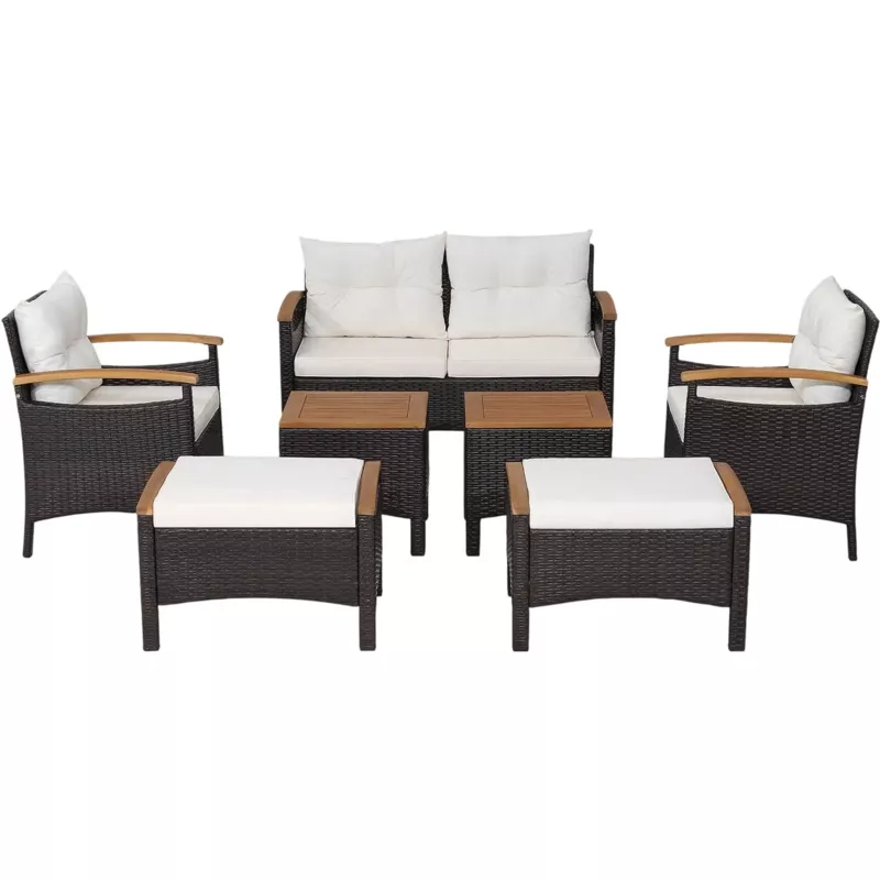 Costway 7-Piece Rattan Patio Sofa Set Acacia Wood Tabletop Armrests 83476215 New