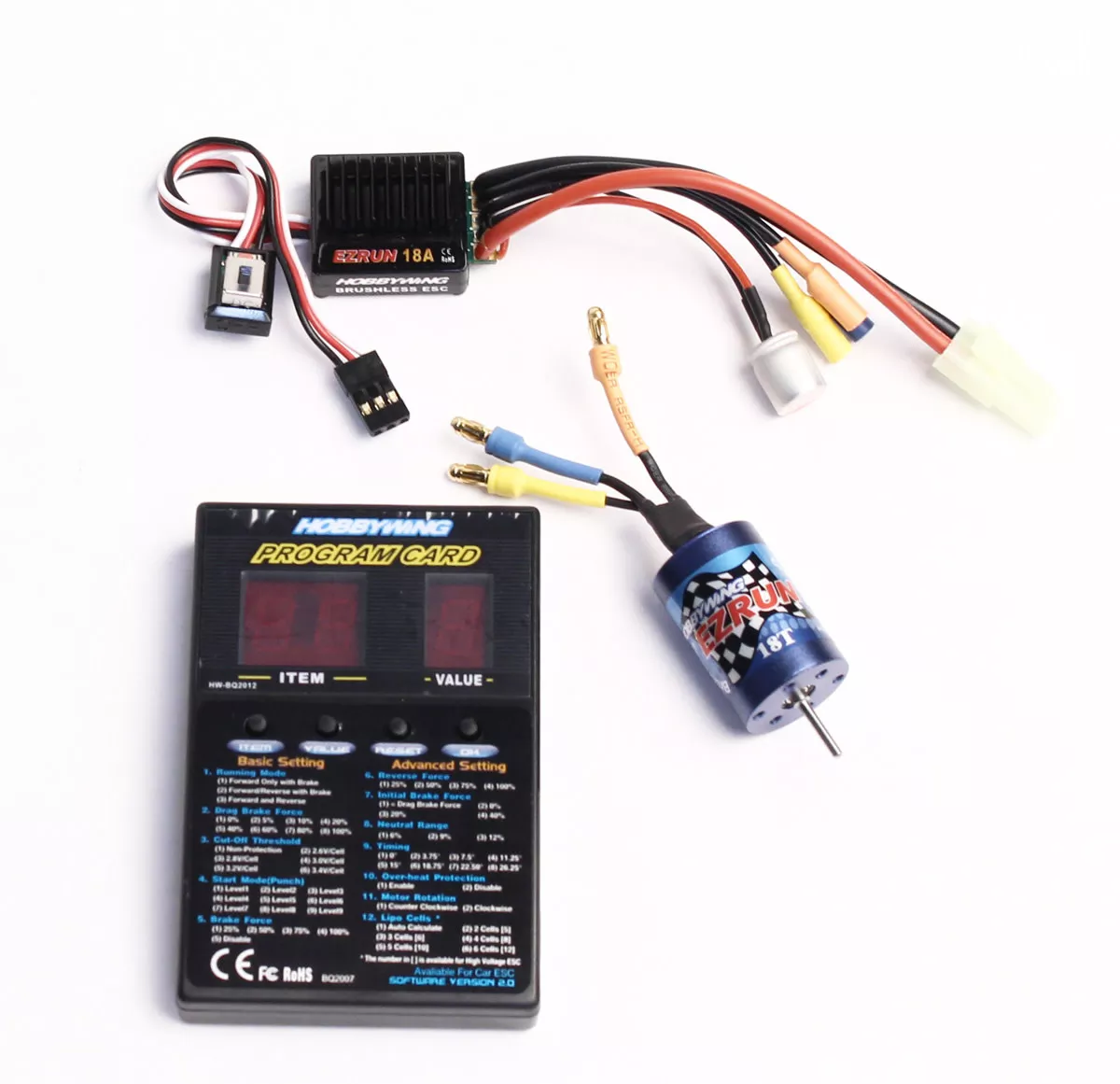 HWI81030010Ezrun 18A ESC & 18T-2030 5200kv Motor Combo for 1/18 scale with LED program card (Hobbywing)