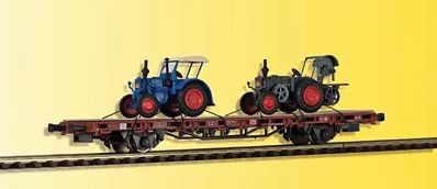 Kibri 26252 HO Scale Flatcar w/2 Lanz Bulldog Tractor Load – Ready to Run — Boxcar Red