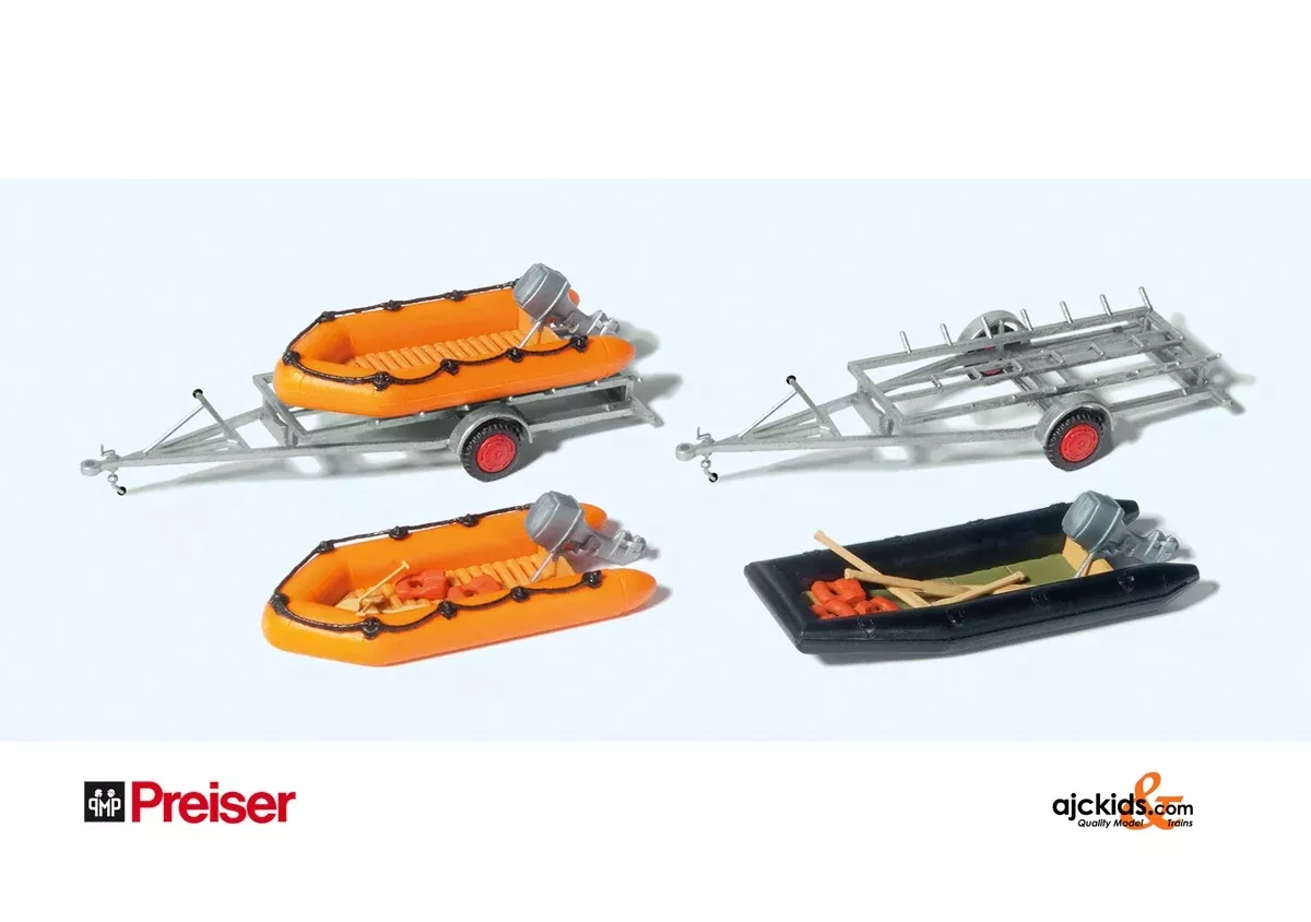 Preiser 17312 - 3 Rubber Dinghys/2 Trailers