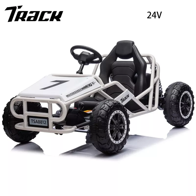 Track 7 24V Electric Go Kart, Outdoor Ride on Car, Go Kart for Kids Age 3-8 Years, Independent Electronic Brake Foot Pedal, Kids Car, White white